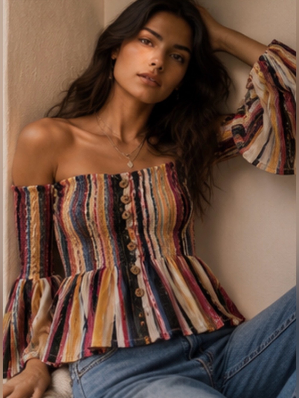 Off-the-Shoulder Smocked Top | Multi-Color Stripe | Bell Sleeves